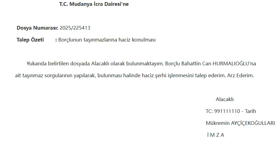 taşınmaz haczi için talep, tapu haczi talebi, tapuya haciz konulması için haciz talebi, haciz talebi