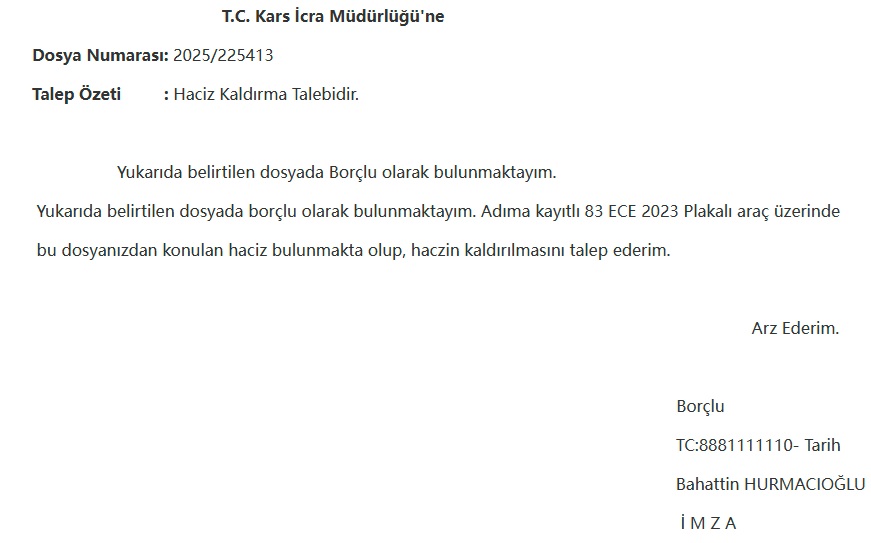 araç haczi, banka haczi, ptt çeki haczi, 89/1, 89/1 haciz, maaş haczi, taşınmaz haczi için talep, tapu haczi talebi, tapuya haciz konulması için haciz talebi, haciz talebi